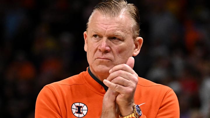Illinois Fighting Illini coach Brad Underwood against the Iowa Hawkeyes during the Elite Eight of the 2026 NCAA Tournament at Toyota Center. 