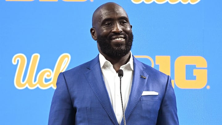 Jul 24, 2024; Indianapolis, IN, USA;  UCLA Bruins head coach DeShaun Foster speaks to the media during the Big 10 football media day at Lucas Oil Stadium. Mandatory Credit: Robert Goddin-Imagn Images
