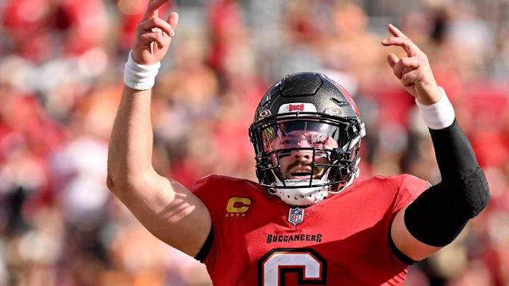 Tampa Bay Buccaneers quarterback Baker Mayfield (6) celebrates after throwing a touchdown pass in the second half against the New Orleans Saints.