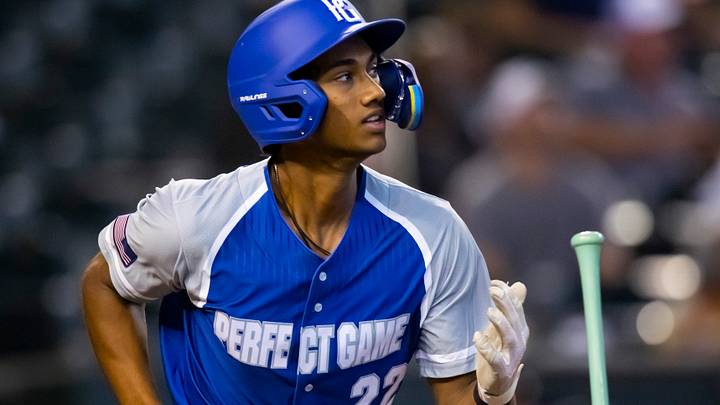 Aug 28, 2022; Phoenix, Arizona, US; East infielder Arjun Nimmala (22) during the Perfect Game All-American Classic high school baseball game at Chase Field. Mandatory Credit: Mark J. Rebilas-USA TODAY Sports Aug 28, 2022; Phoenix, Arizona, US; East infielder Arjun Nimmala (22) during the Perfect Game All-American Classic high school baseball game at Chase Field. Mandatory Credit: Mark J. Rebilas-USA TODAY Sports