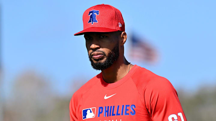 Feb 12, 2025; Clearwater, FL, USA;  Philadelphia Phillies pitcher Cristopher Sanchez (61) warms up during a spring training workout at Carpenter Complex.