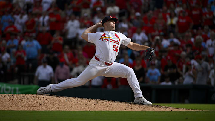 Sep 22, 2024; St. Louis, Missouri, USA; St. Louis Cardinals relief pitcher Ryan Helsley (56) pitches against the Cleveland Guardians during the ninth inning at Busch Stadium. Mandatory Credit: Jeff Curry-Imagn Images Sep 22, 2024; St. Louis, Missouri, USA; St. Louis Cardinals relief pitcher Ryan Helsley (56) pitches against the Cleveland Guardians during the ninth inning at Busch Stadium. Mandatory Credit: Jeff Curry-Imagn Images