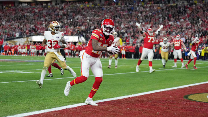 Feb 11, 2024; Paradise, Nevada, USA; Kansas City Chiefs wide receiver Mecole Hardman Jr. (12) scores