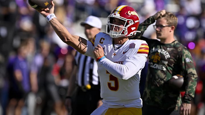 Iowa State Cyclones quarterback Rocco Becht (3) warms up before the game against the TCU Horned Frogs at Amon G. Carter Stadium.