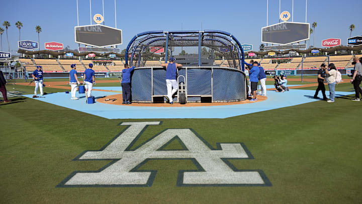 Oct 25, 2024; Los Angeles, California, USA; General view of the logo on the field before game one between the New York Yankees and the Los Angeles Dodgers in the 2024 MLB World Series at Dodger Stadium. Mandatory Credit: Jayne Kamin-Oncea-Imagn Images