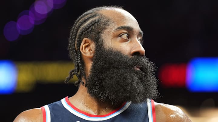 Jan 27, 2025; Phoenix, Arizona, USA; LA Clippers guard James Harden (1) looks on against the Phoenix Suns during the second half at Footprint Center. Mandatory Credit: Joe Camporeale-Imagn Images