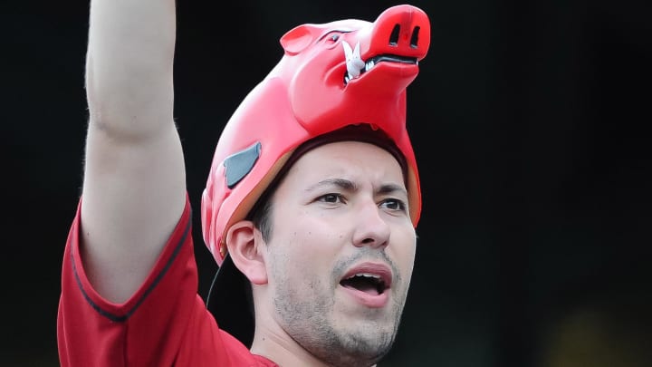 Jun 15, 2015; Omaha, NE, USA; An Arkansas Razorbacks fan cheers in early game action against the