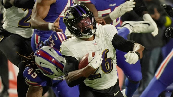 Buffalo Bills linebacker Shaq Thompson takes down Baltimore Ravens running back Rasheen Ali during the second half of their game against the Baltimore Ravens at Highmark Stadium in Orchard Park on Sept. 7, 2025.
