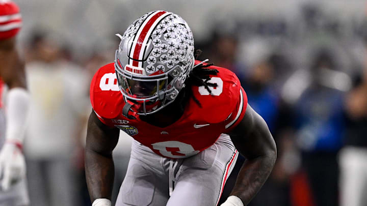 Dec 31, 2025; Arlington, TX, USA; Ohio State Buckeyes linebacker Arvell Reese (8) gets into position during the 2025 Cotton Bowl and quarterfinal game of the College Football Playoff at AT&T Stadium. Mandatory Credit: Jerome Miron-Imagn Images