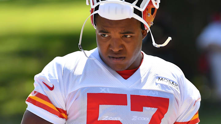 Jul 27, 2019; Kansas City, MO, USA; Kansas City Chiefs outside linebacker Breeland Speaks (57) walks to the field during training camp at Missouri Western State University. Mandatory Credit: Denny Medley-Imagn Images
