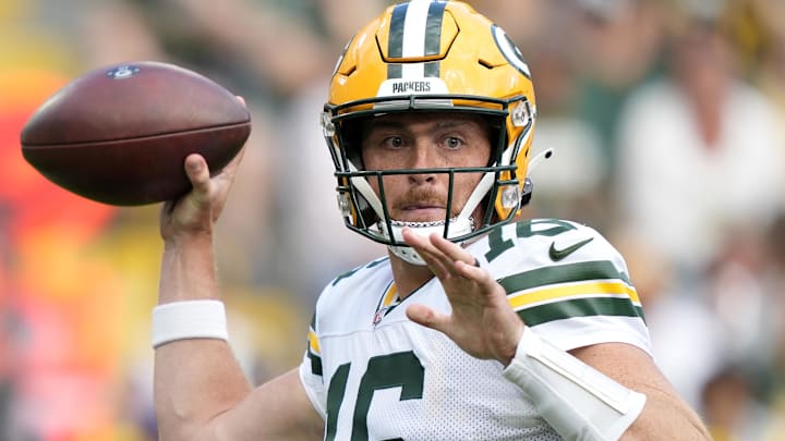 Aug 23, 2025; Green Bay, Wisconsin, USA; Former Green Bay Packers quarterback Sean Clifford (16) throws during the first half against the Seattle Seahawks at Lambeau Field.