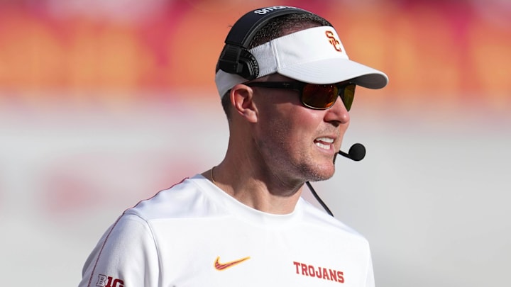Nov 30, 2024; Los Angeles, California, USA; Southern California Trojans head coach Lincoln Riley reacts against the Notre Dame Fighting Irish in the second half at United Airlines Field at Los Angeles Memorial Coliseum. Mandatory Credit: Kirby Lee-Imagn Images