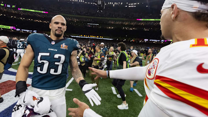 Feb 9, 2025; New Orleans, LA, USA; Philadelphia Eagles  linebacker Zack Baun (53) is congratulated by Kansas City Chiefs quarterback Patrick Mahomes after winning Super Bowl LIX at Ceasars Superdome. Mandatory Credit: Mark J. Rebilas-Imagn Images