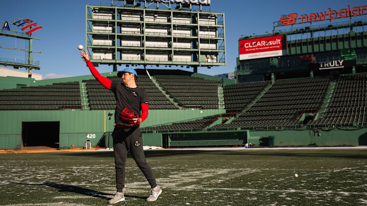 Red Sox pitching prospect Hunter Dobbins plays catch with David Sandlin Tuesday at Fenway Park. Red Sox pitching prospect Hunter Dobbins plays catch with David Sandlin Tuesday at Fenway Park.