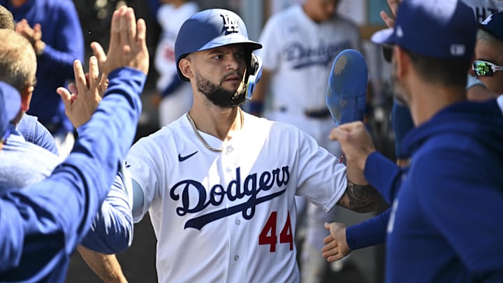 Apr 26, 2026; Los Angeles, California, USA; Los Angeles Dodgers center fielder Andy Pages (44) celebrates in the dugout in the sixth inning against the Chicago Cubs at Dodger Stadium. Mandatory Credit: Jonathan Hui-Imagn Images