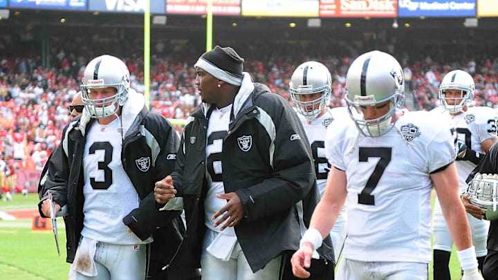 August 22, 2009; San Francisco, CA, USA; Oakland Raiders quarterback Charlie Frye (3), quarterback JaMarcus Russell (2), and quarterback Jeff Garcia (7) walk off the field after the second quarter against the San Francisco 49ers at Candlestick Park. The 49ers defeated the Raiders 21-20. Mandatory Credit: Kyle Terada-Imagn Images August 22, 2009; San Francisco, CA, USA; Oakland Raiders quarterback Charlie Frye (3), quarterback JaMarcus Russell (2), and quarterback Jeff Garcia (7) walk off the field after the second quarter against the San Francisco 49ers at Candlestick Park. The 49ers defeated the Raiders 21-20. Mandatory Credit: Kyle Terada-Imagn Images