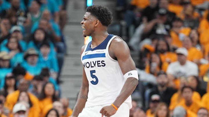 May 4, 2026; San Antonio, Texas, USA; Minnesota Timberwolves guard Anthony Edwards (5) reacts in the second half against the San Antonio Spurs during game one of the second round of the 2026 NBA Playoffs at Frost Bank Center. Mandatory Credit: Daniel Dunn-Imagn Images