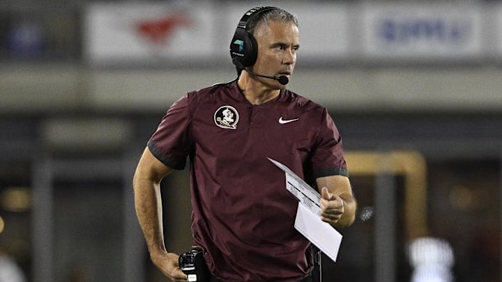 Sep 28, 2024; Dallas, Texas, USA; Florida State Seminoles head coach Mike Norvell during the game between the Southern Methodist Mustangs and the Florida State Seminoles at Gerald J. Ford Stadium. Mandatory Credit: Jerome Miron-Imagn Images