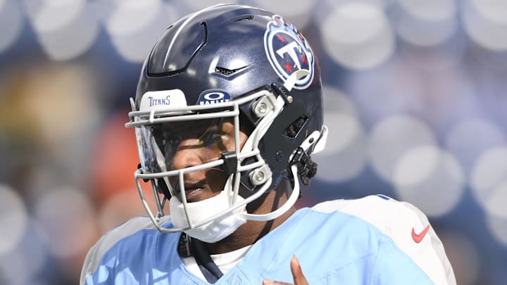 Dec 28, 2025; East Rutherford, New Jersey, USA; Tennessee Titans quarterback Cam Ward (1) warms up prior to the game against the New Orleans Saints at MetLife Stadium. Mandatory Credit: Steve Roberts-Imagn Images