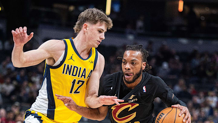 Jan 6, 2026; Indianapolis, Indiana, USA;  Cleveland Cavaliers guard Darius Garland (10) dribbles the ball while Indiana Pacers guard Johnny Furphy (12) defends in the first half at Gainbridge Fieldhouse. Mandatory Credit: Trevor Ruszkowski-Imagn Images