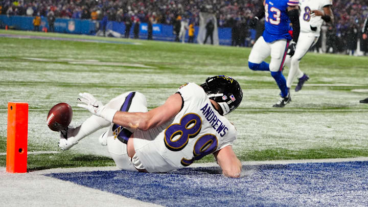 Jan 19, 2025; Orchard Park, New York, USA; Baltimore Ravens tight end Mark Andrews (89) drops a pass on a two-point conversion late in the fourth quarter against the Buffalo Bills in a 2025 AFC divisional round game at Highmark Stadium. Mandatory Credit: Gregory Fisher-Imagn Images