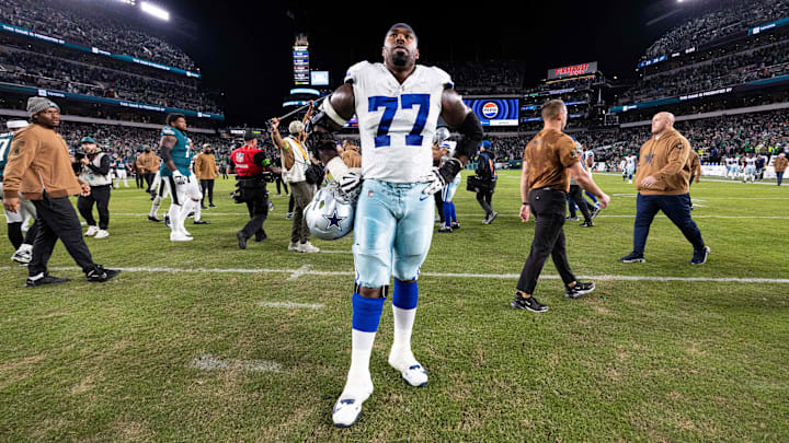 Dallas Cowboys offensive tackle Tyron Smith looks on after a loss to the Philadelphia Eagles at Lincoln Financial Field. 