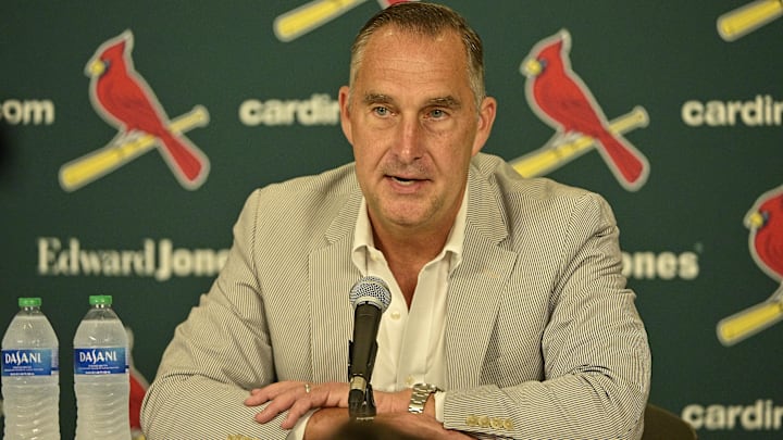 Jul 30, 2023; St. Louis, Missouri, USA;  St. Louis Cardinals president of baseball operations John Mozeliak talks with the media after the Cardinals traded relief pitcher Jordan Hicks (not pictured) starting pitcher Jordan Montgomery (not pictured) and relief pitcher Chris Stratton (not pictured) at Busch Stadium. Mandatory Credit: Jeff Curry-Imagn Images