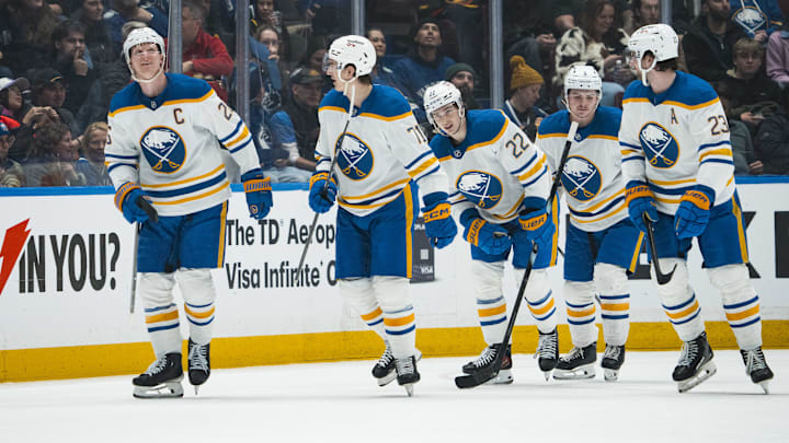 Buffalo Sabres players Rasmus Dahlin, Ryan McLeod, Jack Quinn, Zach Benson and Mattias Samuelsson