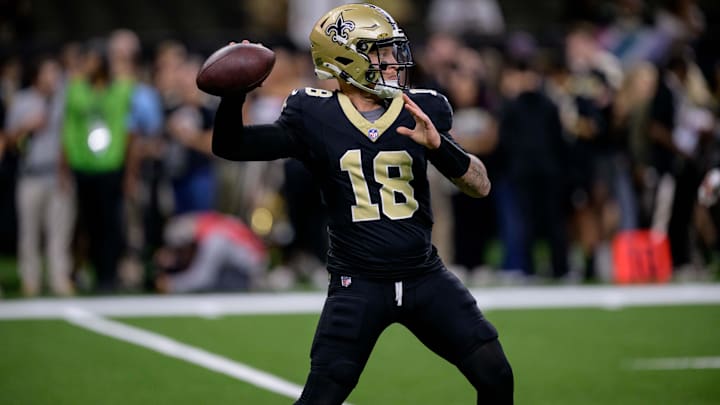 Oct 13, 2024; New Orleans, Louisiana, USA; New Orleans Saints quarterback Spencer Rattler (18) warms up before a game against the Tampa Bay Buccaneers at Caesars Superdome. Mandatory Credit: Matthew Hinton-Imagn Images Oct 13, 2024; New Orleans, Louisiana, USA; New Orleans Saints quarterback Spencer Rattler (18) warms up before a game against the Tampa Bay Buccaneers at Caesars Superdome. Mandatory Credit: Matthew Hinton-Imagn Images