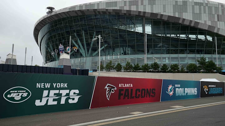 Oct 7, 2021; London, England, United Kingdom; A general overall view of the New York Jets, Atlanta Falcons, Miami Dolphins and the Jacksonville Jaguars logos at Tottenham Hotspur Stadium. Mandatory Credit: Kirby Lee-Imagn Images Oct 7, 2021; London, England, United Kingdom; A general overall view of the New York Jets, Atlanta Falcons, Miami Dolphins and the Jacksonville Jaguars logos at Tottenham Hotspur Stadium. Mandatory Credit: Kirby Lee-Imagn Images