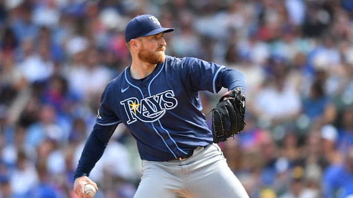 Sep 13, 2025; Chicago, Illinois, USA; Tampa Bay Rays starting pitcher Drew Rasmussen (57) pitches against the Chicago Cubs during the first inning at Wrigley Field. Mandatory Credit: Patrick Gorski-Imagn Images