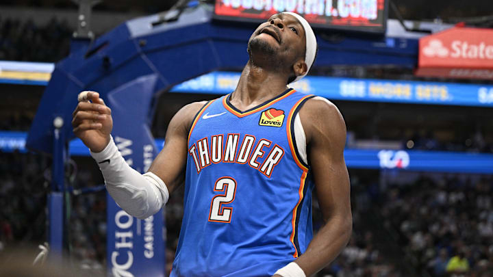 Mar 1, 2026; Dallas, Texas, USA; Oklahoma City Thunder guard Shai Gilgeous-Alexander (2) reacts to a foul call during the second half against the Dallas Mavericks at the American Airlines Center. Mandatory Credit: Jerome Miron-Imagn Images