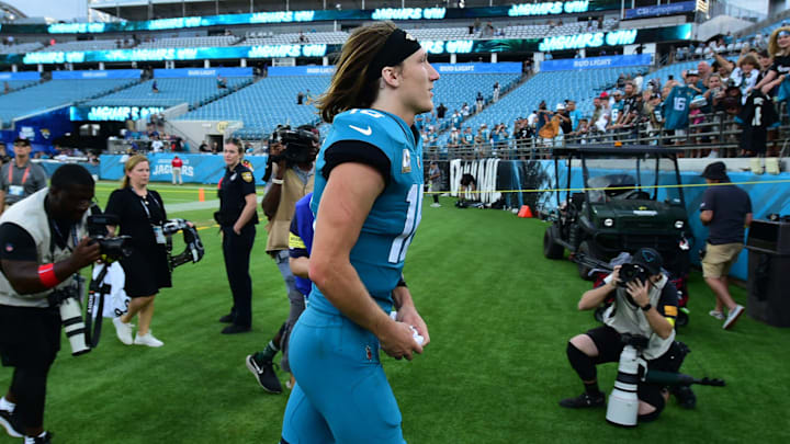 Jacksonville Jaguars quarterback Trevor Lawrence (16) leaves the field after Sunday's victory over the Las Vegas Raiders. The Jacksonville Jaguars hosted the Las Vegas Raiders at TIAA Bank Field in Jacksonville, FL Sunday November 6, 2022. The Jaguars trailed 20 to 10 at the end of the first half but came back to win the game with a final score of 27 to 20. [Bob Self/Florida Times-Union]

Jki 110622 Bs Jaguars Vs Raiders 06
