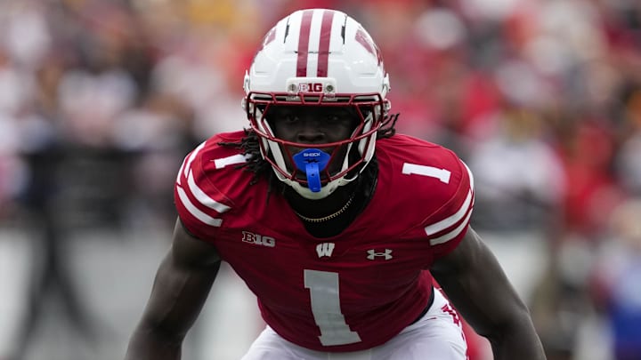 Sep 20, 2025; Madison, Wisconsin, USA;  Wisconsin Badgers cornerback Geimere Latimer II (1) is brothers with top 2026 running back recruit Amari Latimer who flipped to West Virginia.