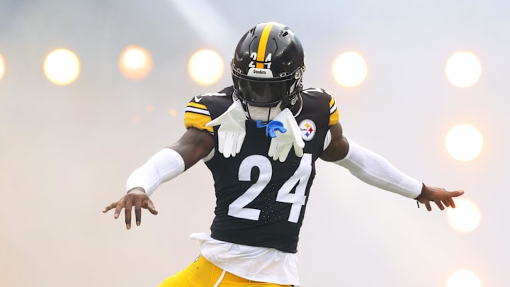 Nov 2, 2025; Pittsburgh, Pennsylvania, USA;  Pittsburgh Steelers cornerback Joey Porter Jr. (24) reacts as he takes the field against the Indianapolis Colts at Acrisure Stadium. Mandatory Credit: Charles LeClaire-Imagn Images