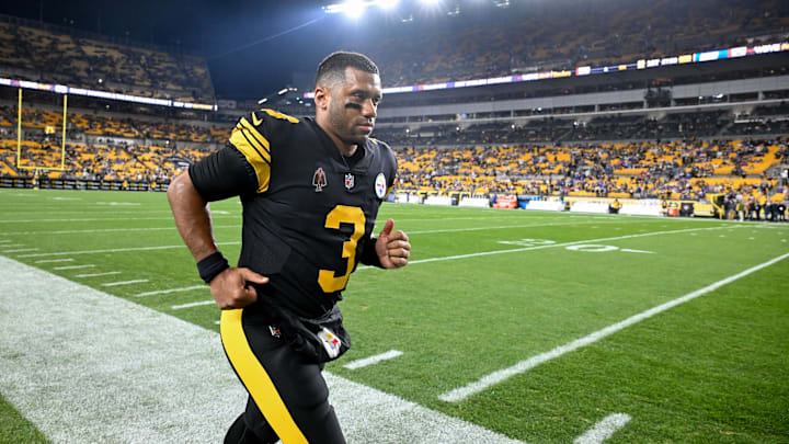 Oct 28, 2024; Pittsburgh, Pennsylvania, USA; Pittsburgh Steelers quarterback Russell Wilson (3) returns to the locker room following warm ups before a game against the New York Giants at Acrisure Stadium. Mandatory Credit: Barry Reeger-Imagn Images