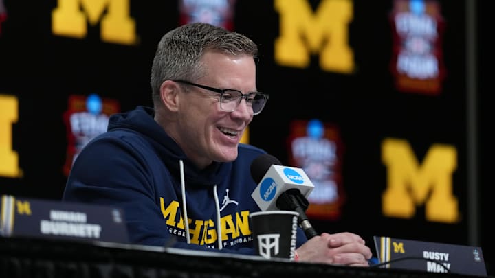 Apr 5, 2026; Indianapolis, IN, USA; Michigan Wolverines head coach Dusty May during a press conference ahead of the Final Four of the men's 2026 NCAA Tournament at Lucas Oil Stadium. Mandatory Credit: Bob Donnan-Imagn Images