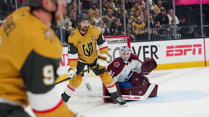 May 24, 2026; Las Vegas, Nevada, USA; Vegas Golden Knights right wing Mark Stone (61) looks on in front of Colorado Avalanche goaltender Scott Wedgewood (41) during the first period in game three of the Western Conference Final of the 2026 Stanley Cup Playoffs at T-Mobile Arena. Mandatory Credit: Stephen R. Sylvanie-Imagn Images May 24, 2026; Las Vegas, Nevada, USA; Vegas Golden Knights right wing Mark Stone (61) looks on in front of Colorado Avalanche goaltender Scott Wedgewood (41) during the first period in game three of the Western Conference Final of the 2026 Stanley Cup Playoffs at T-Mobile Arena. Mandatory Credit: Stephen R. Sylvanie-Imagn Images