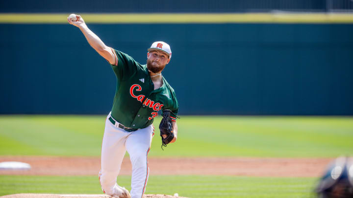 May 23, 2024; Charlotte, NC, USA; Miami (Fl) Hurricanes pitcher Gage Ziehl (31) during the first inning against the Clemson Tigers during the ACC Baseball Tournament at Truist Field. Mandatory Credit: Scott Kinser-USA TODAY Sports May 23, 2024; Charlotte, NC, USA; Miami (Fl) Hurricanes pitcher Gage Ziehl (31) during the first inning against the Clemson Tigers during the ACC Baseball Tournament at Truist Field. Mandatory Credit: Scott Kinser-USA TODAY Sports