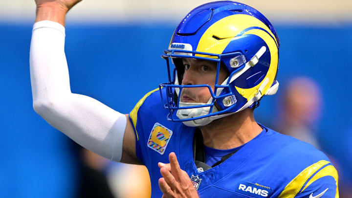 Sep 28, 2025; Inglewood, California, USA; Los Angeles Rams quarterback Matthew Stafford (9) throws a pass in the second half against the Indianapolis Colts at SoFi Stadium. Mandatory Credit: Jayne Kamin-Oncea-Imagn Images Sep 28, 2025; Inglewood, California, USA; Los Angeles Rams quarterback Matthew Stafford (9) throws a pass in the second half against the Indianapolis Colts at SoFi Stadium. Mandatory Credit: Jayne Kamin-Oncea-Imagn Images