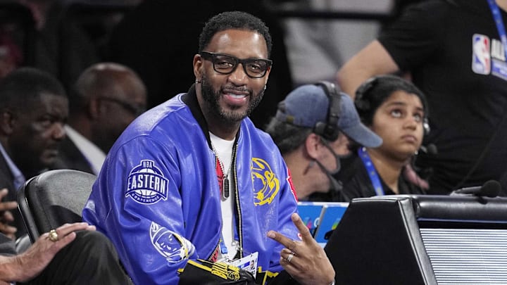 Feb 15, 2025; San Francisco, CA, USA; Former NBA player Tracy McGrady looks on during the skills challenge during All Star Saturday Night ahead of the 2025 NBA All Star Game at Chase Center. Mandatory Credit: Kyle Terada-Imagn Images