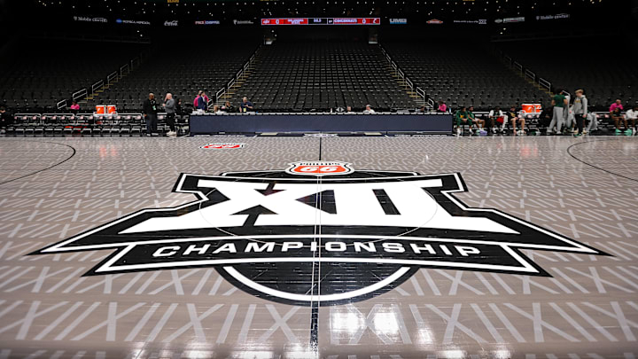 Mar 11, 2025; Kansas City, MO, USA; Big 12 logo center court prior to the game between the Cincinnati Bearcats and the Oklahoma State Cowboys at T-Mobile Center. Mandatory Credit: William Purnell-Imagn Images