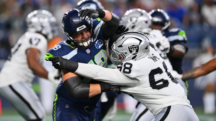 Seattle Seahawks guard Mason Richman (78) blocks Las Vegas Raiders defensive tackle Treven Ma'ae (68). Seattle Seahawks guard Mason Richman (78) blocks Las Vegas Raiders defensive tackle Treven Ma'ae (68).
