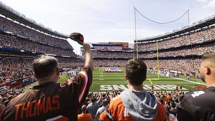 Sep 18, 2022; Cleveland, Ohio, USA; Cleveland Browns fans cheer during the national anthem before the game against the New York Jets at FirstEnergy Stadium. Mandatory Credit: Scott Galvin-Imagn Images