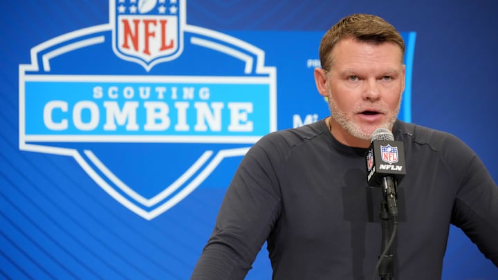 Feb 25, 2025; Indianapolis, IN, USA; Indianapolis Colts general manager Chris Ballard speaks during the NFL Scouting Combine at the Indiana Convention Center. Mandatory Credit: Kirby Lee-Imagn Images