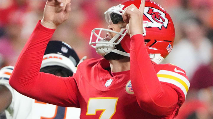 Aug 22, 2025; Kansas City, Missouri, USA; Kansas City Chiefs place kicker Harrison Butker (7) celebrates after kicking a field goal agains the Chicago Bears during the first half of the game at GEHA Field at Arrowhead Stadium. Mandatory Credit: Denny Medley-Imagn Images
