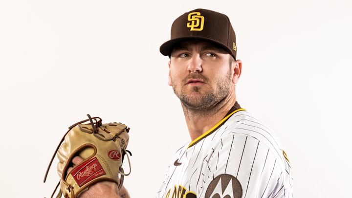 Feb 19, 2025; Peoria, AZ, USA; San Diego Padres pitcher Logan Gillaspie poses for a portrait during Media Day at Peoria Sports Complex. Mandatory Credit: Mark J. Rebilas-Imagn Images