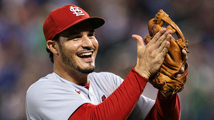 Sep 15, 2021; New York City, New York, USA; St. Louis Cardinals third baseman Nolan Arenado (28) reacts after right fielder Lars Nootbaar (not pictured) robbed New York Mets first baseman Pete Alonso (not pictured) of a home run during the seventh inning at Citi Field. Mandatory Credit: Vincent Carchietta-Imagn Images
