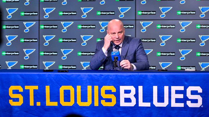 Apr 5, 2025; St. Louis, Missouri, USA;  St. Louis Blues head coach Jim Montgomery talks with the media after the Blues won their franchise record 12th straight win with a victory over the Colorado Avalanche at Enterprise Center. Mandatory Credit: Jeff Curry-Imagn Images