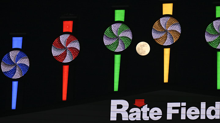 Apr 11, 2025; Chicago, Illinois, USA; The “pink moon” is seen near the pinwheels during a game between the Boston Red Sox and Chicago White Sox at Guaranteed Rate Field. Mandatory Credit: Matt Marton-Imagn Images